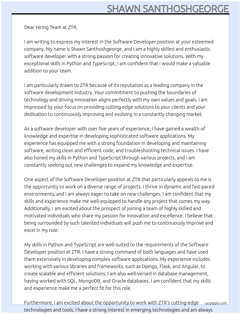 Software Developer At ZTR Cover Letter