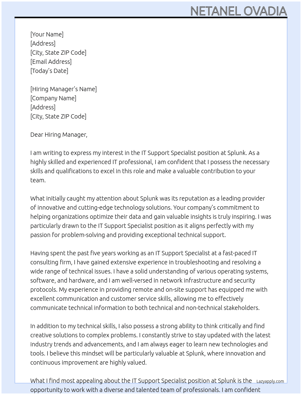 IT Support Specialist At Splunk Cover Letter
