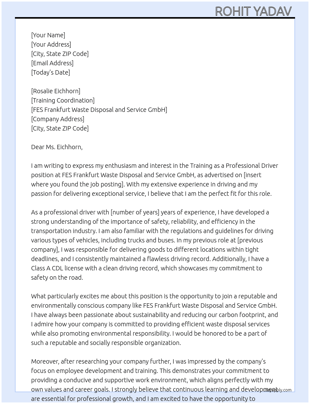 Training as a Professional driver At FES Frankfurt Waste Disposal and Service GmbH Cover Letter