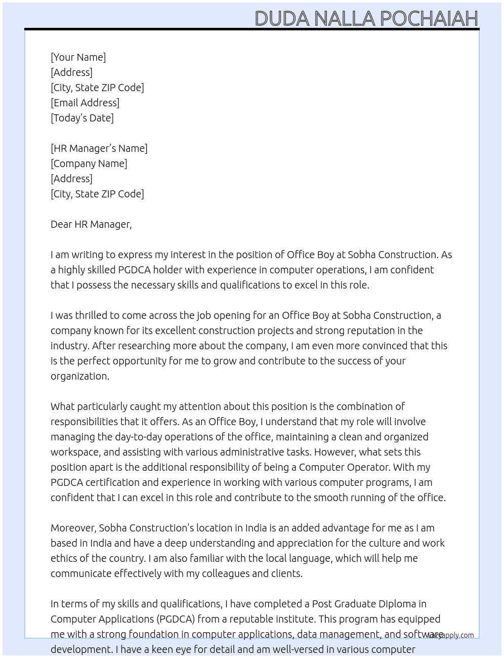 OFFICE BOY At SOBHA CONSTRUCTION Cover Letter