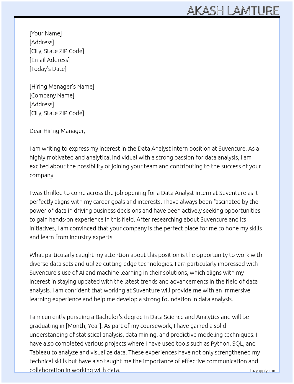Data Analyst intern At Suventure Cover Letter