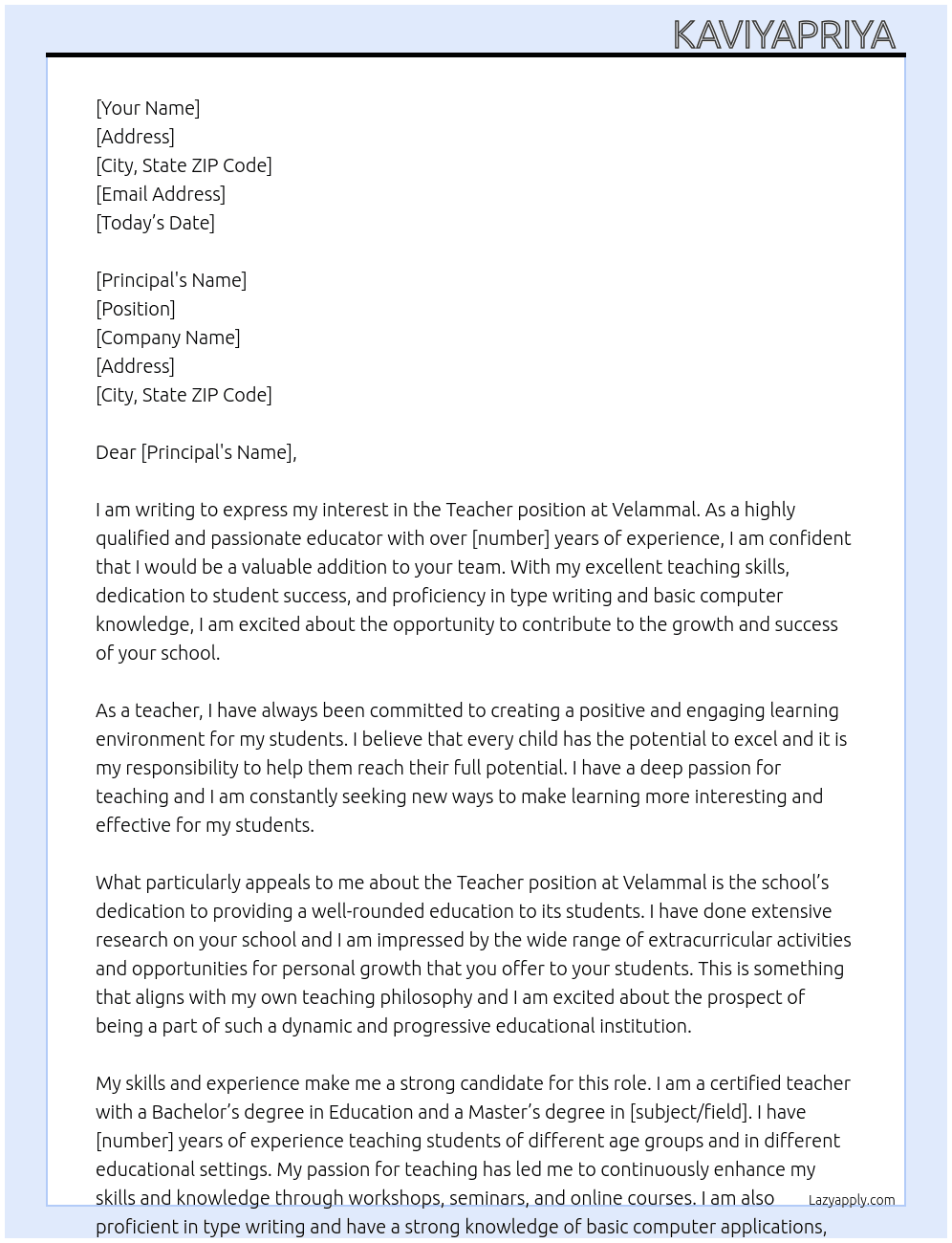 Teacher  At Velammal Cover Letter