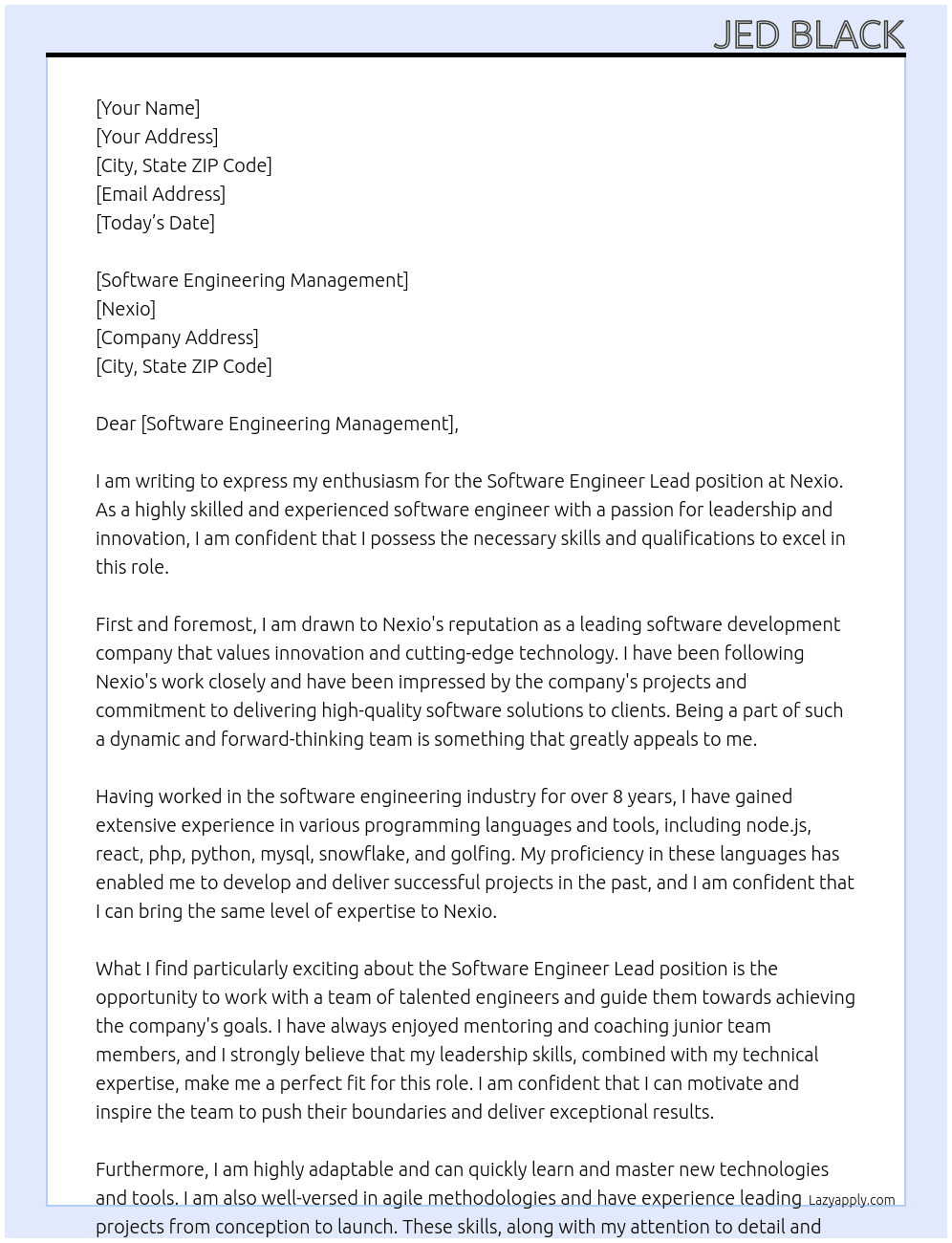 Software Engineer Lead At Nexio Cover Letter