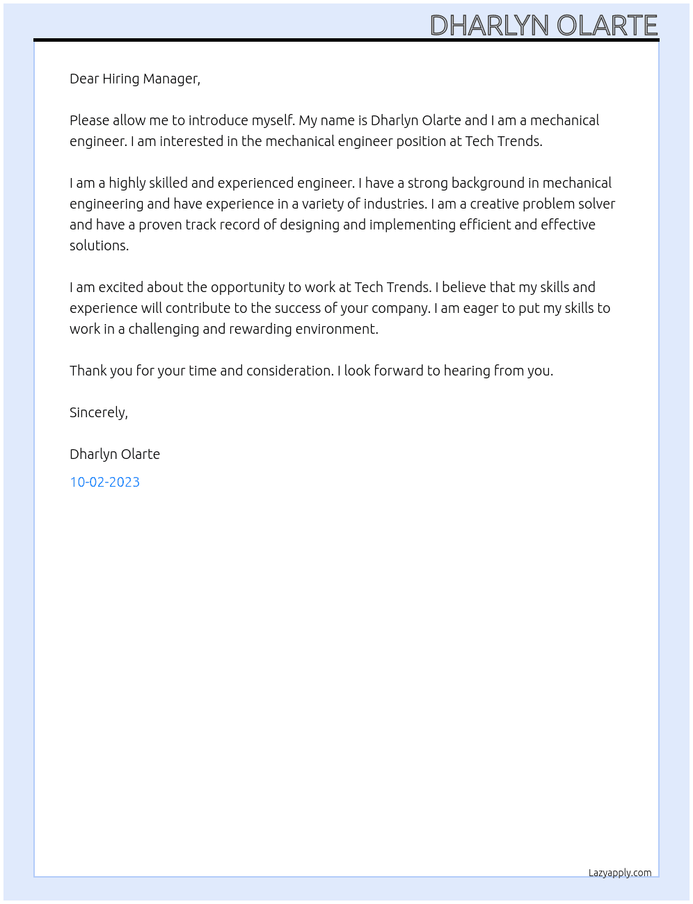 mechanical engineer At Tech trends Cover Letter
