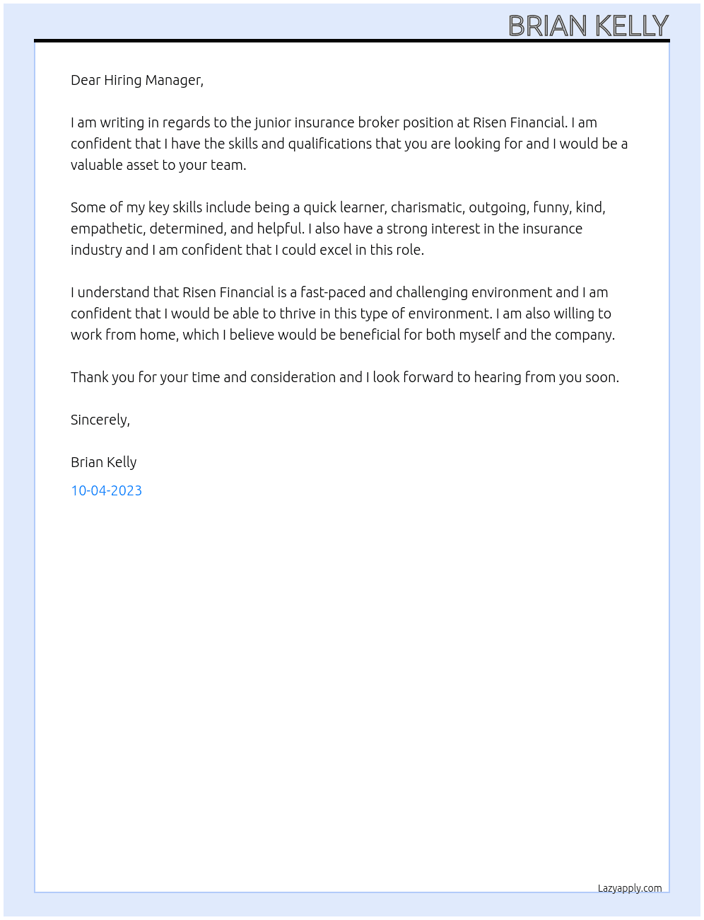 Junior Insurance Broker At Risen Financial Cover Letter