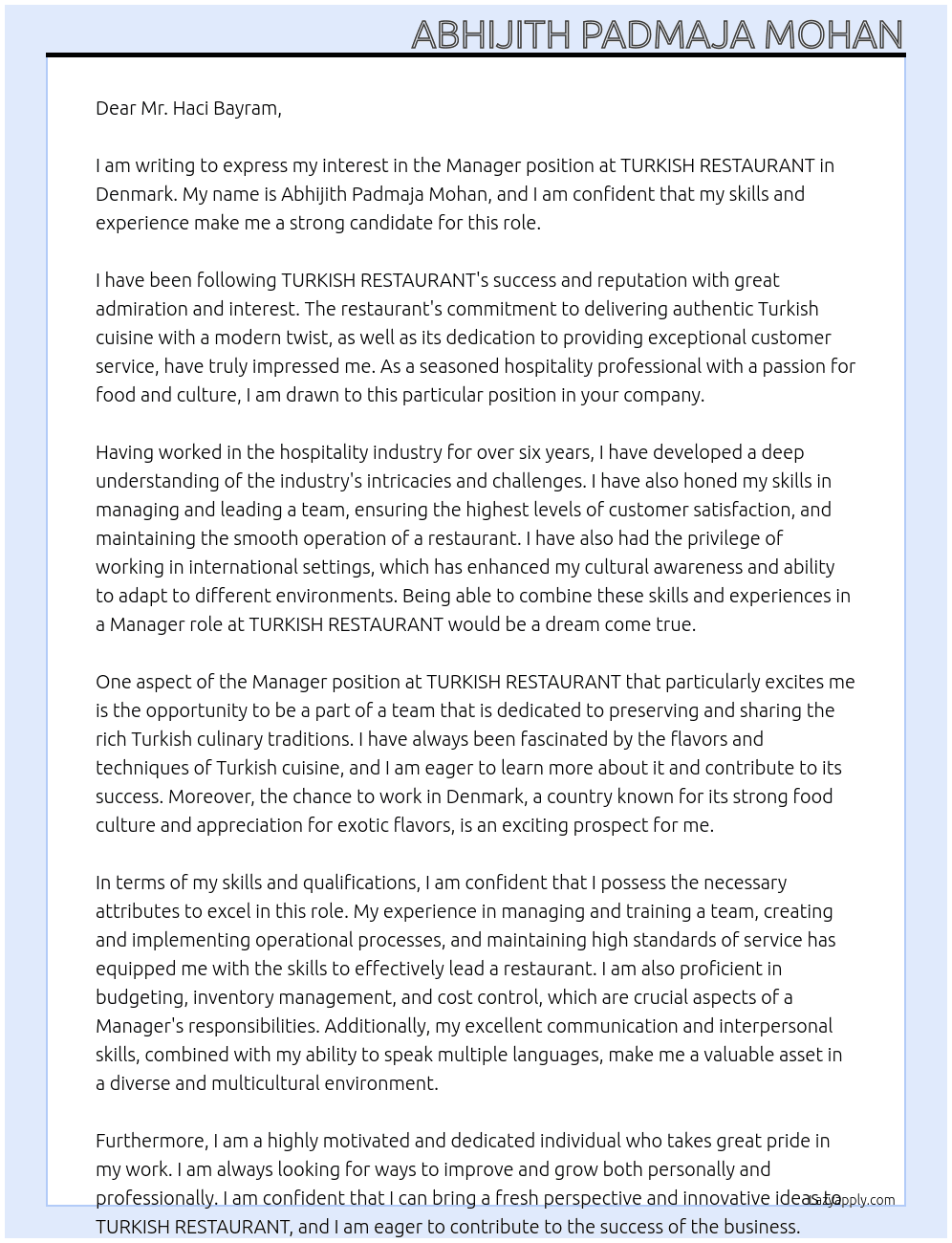 Manager for turkish restaurant in Denmark At TURKISH RESTAURANT Cover Letter