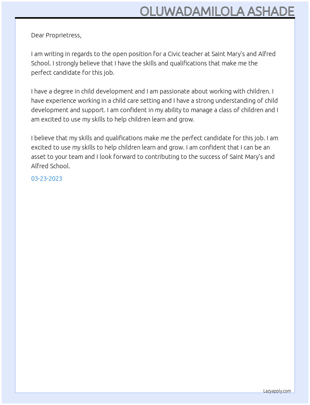 Civic teacher  At Saint Mary's and Alfred School Cover Letter