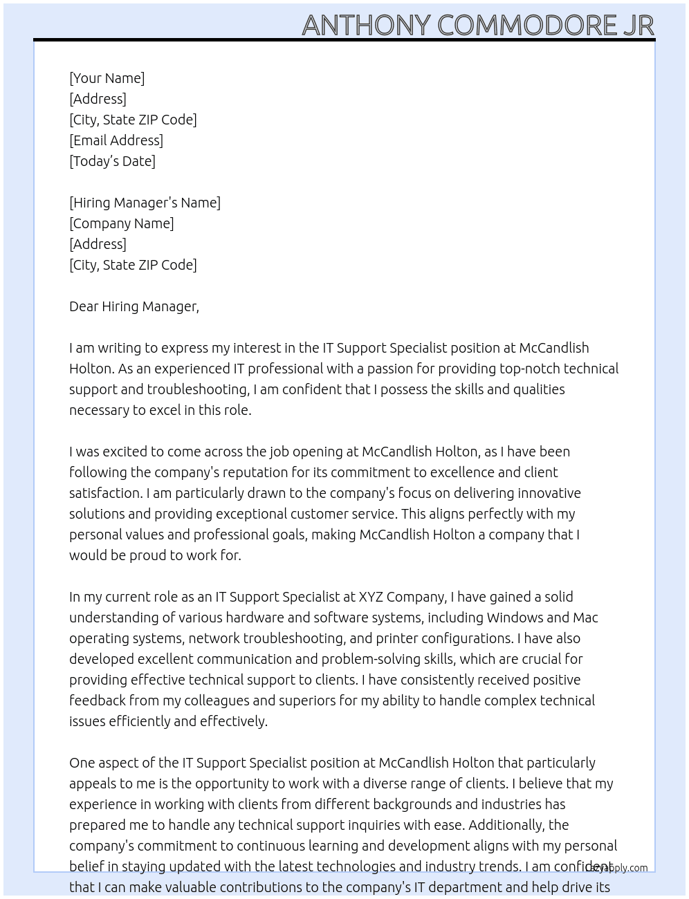 IT Support Specialist At McCandlish Holton Cover Letter