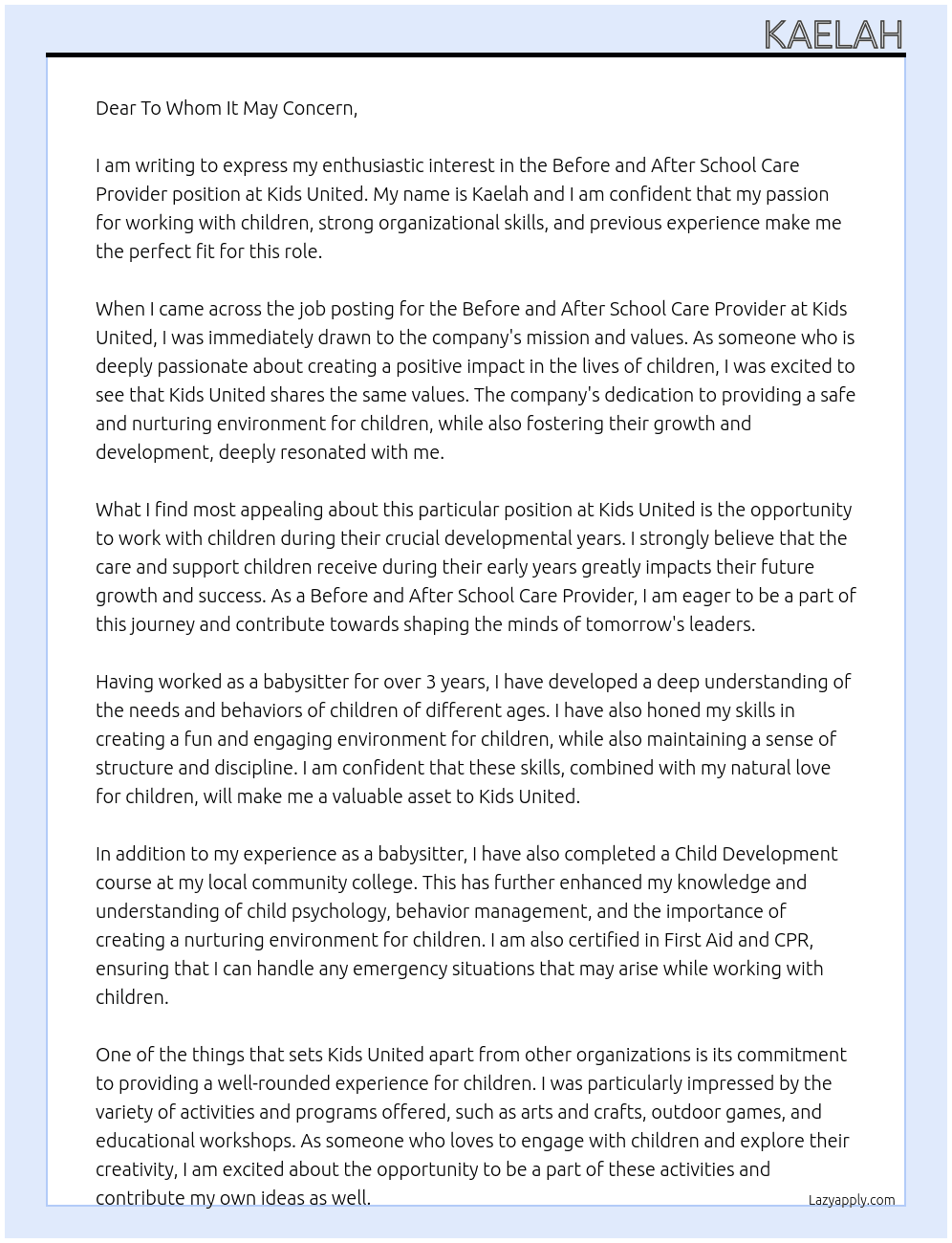 Before and After School Care Provider At Kids United Cover Letter