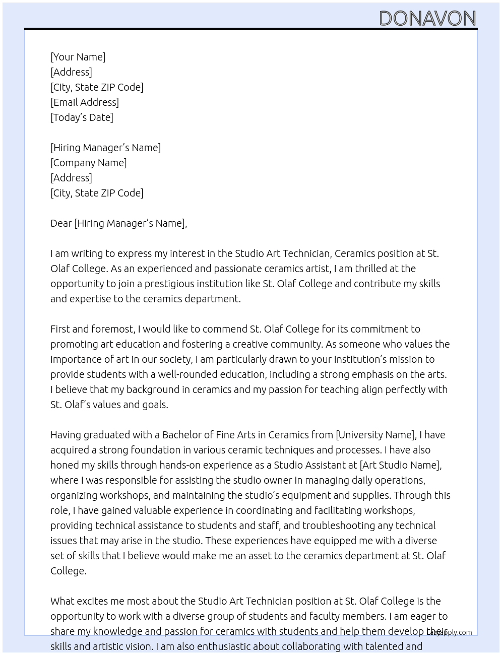 Studio Art Technician, Ceramics At St. Olaf College Cover Letter