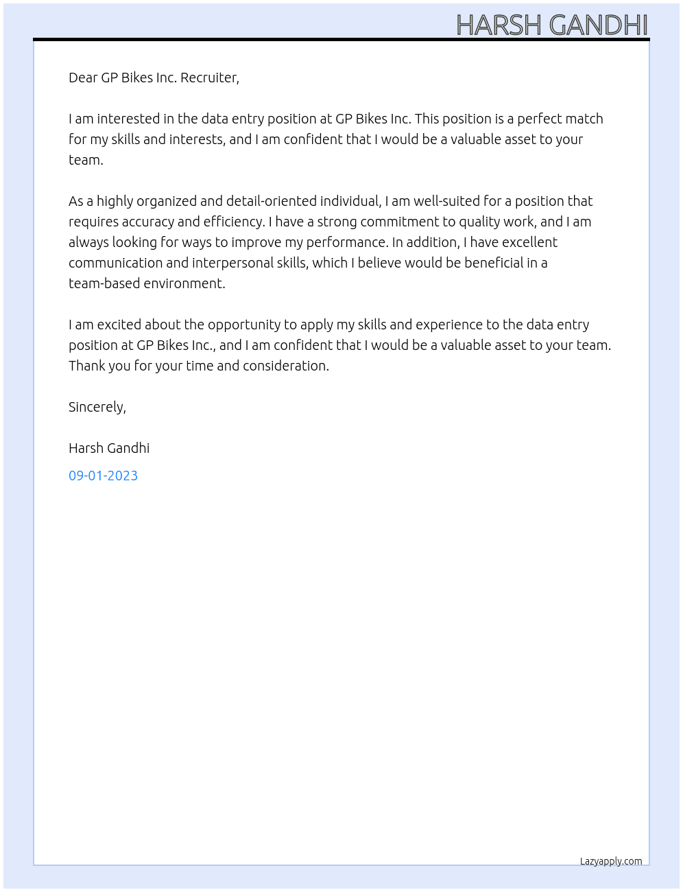 data entry At GP Bikes Inc. Cover Letter
