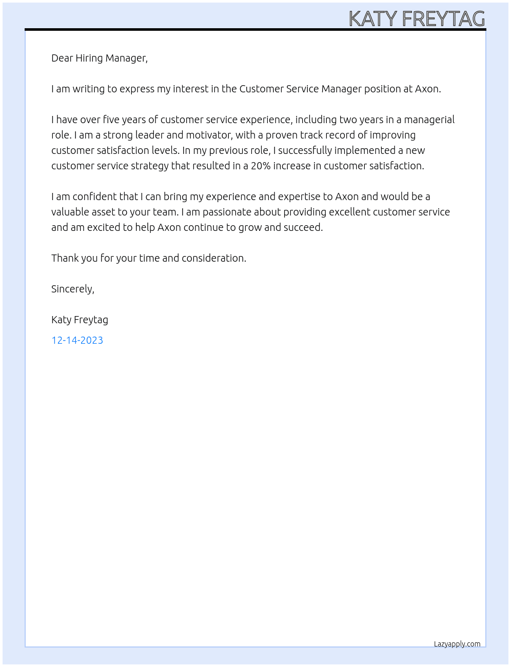 Customer Service Manager At Axon Cover Letter