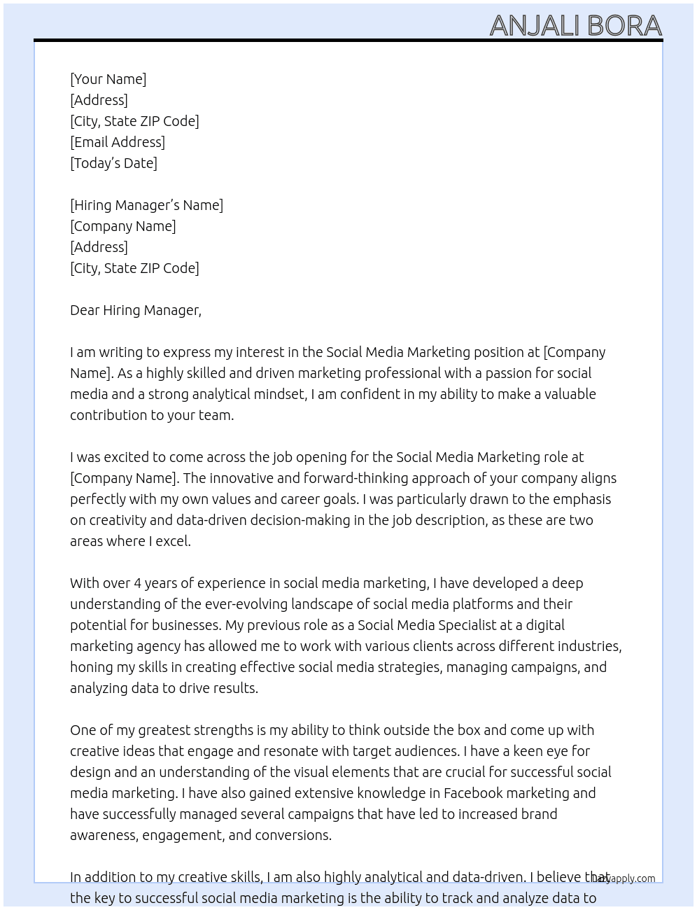 social media marketing  At None Cover Letter