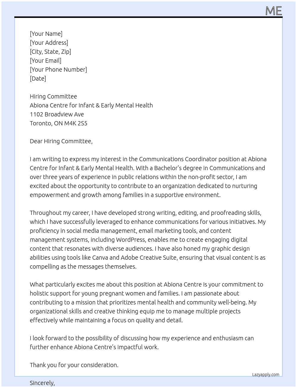 Communications Coordinator  At Abiona Centre For Infant & Early Mental Health Cover Letter