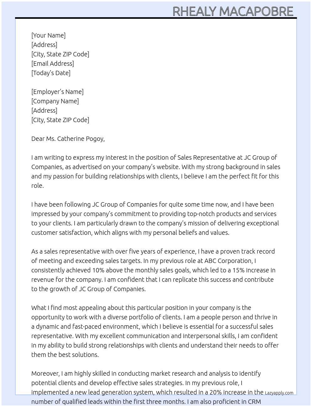 Sales representative  At JC Group of Companies Cover Letter