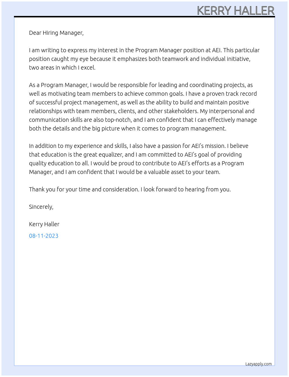 Program Manager At AEI Cover Letter