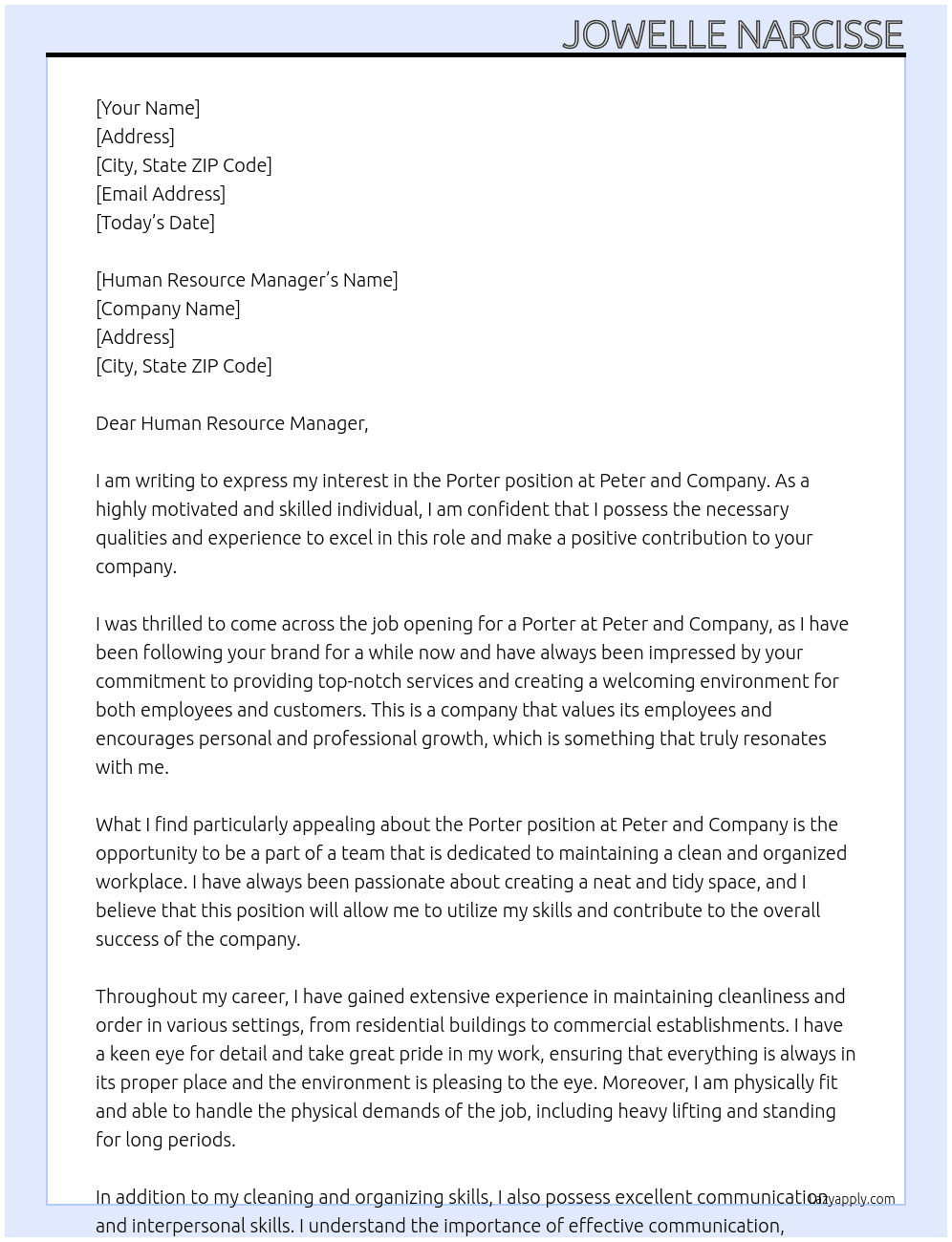 Porter At Peter and Company  Cover Letter
