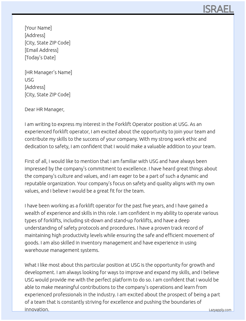 Forklift operator  At USG Cover Letter