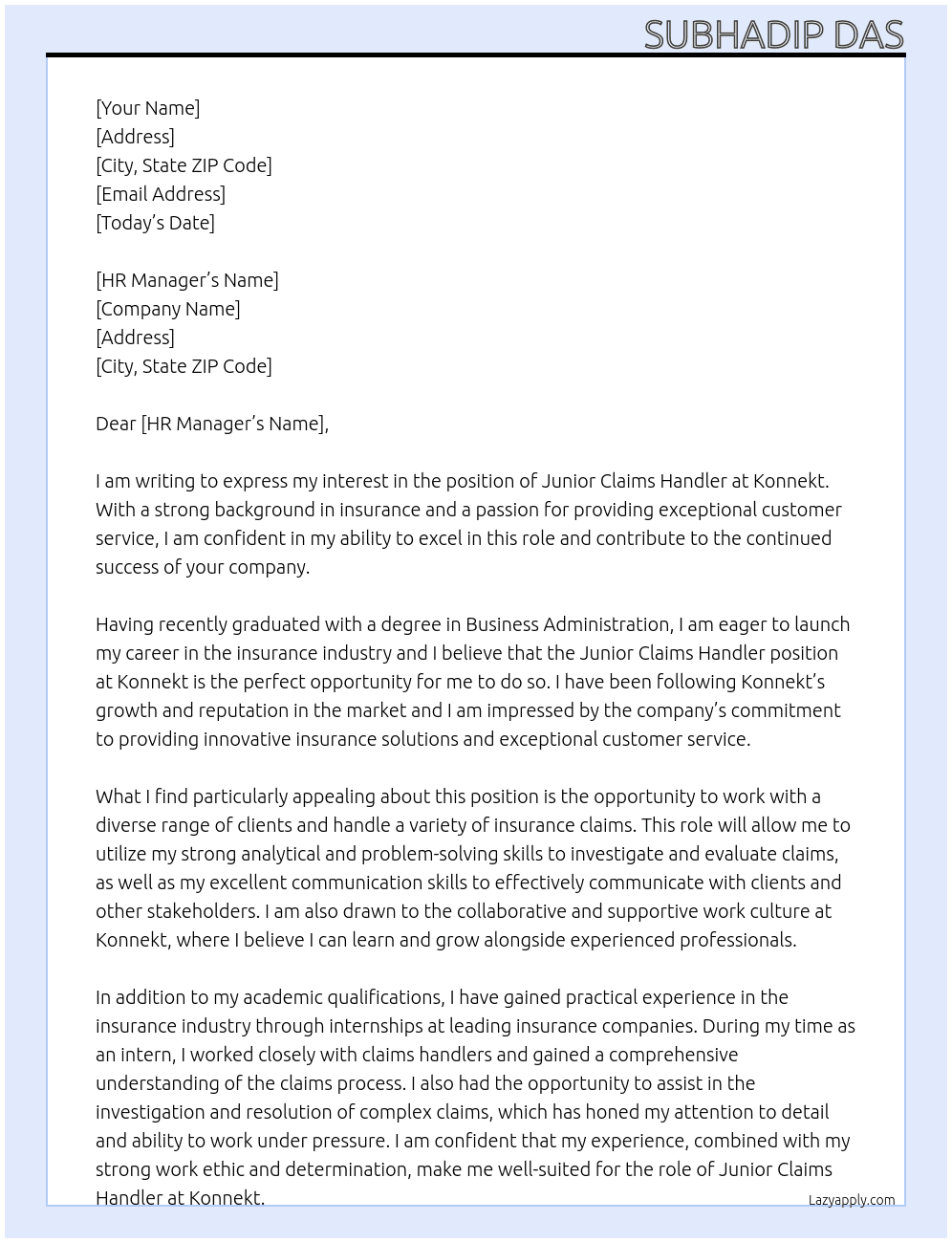 Cover letter for junior claims handlers - LazyApply