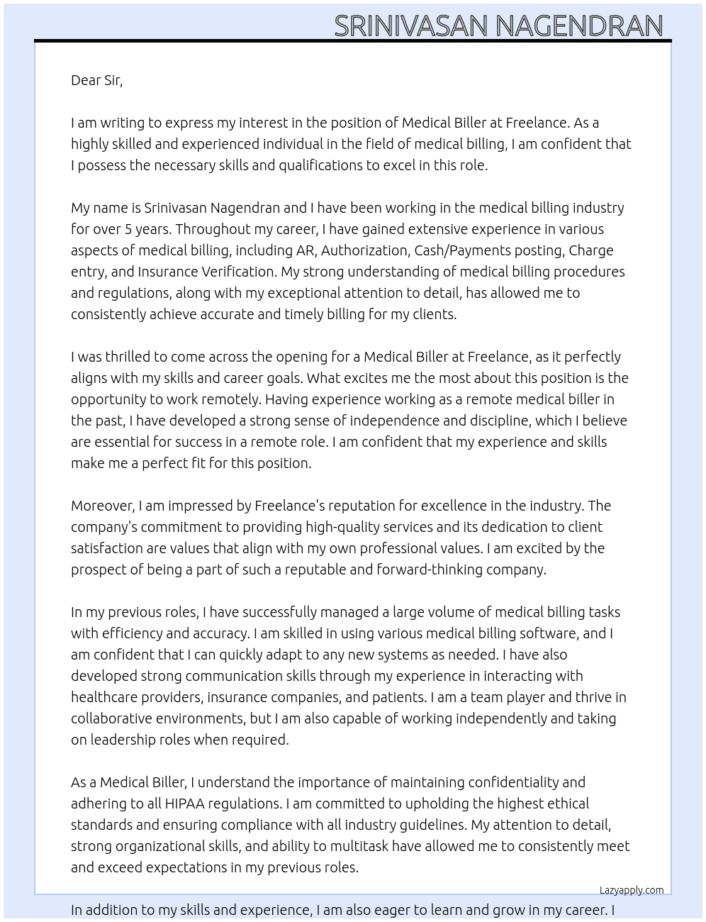 Medical Biller  At Freelance  Cover Letter
