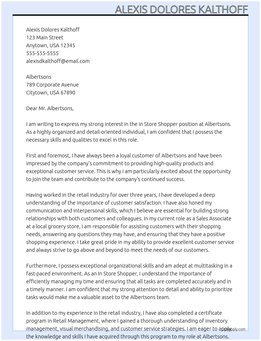 In Store Shopper At Alberstons Cover Letter