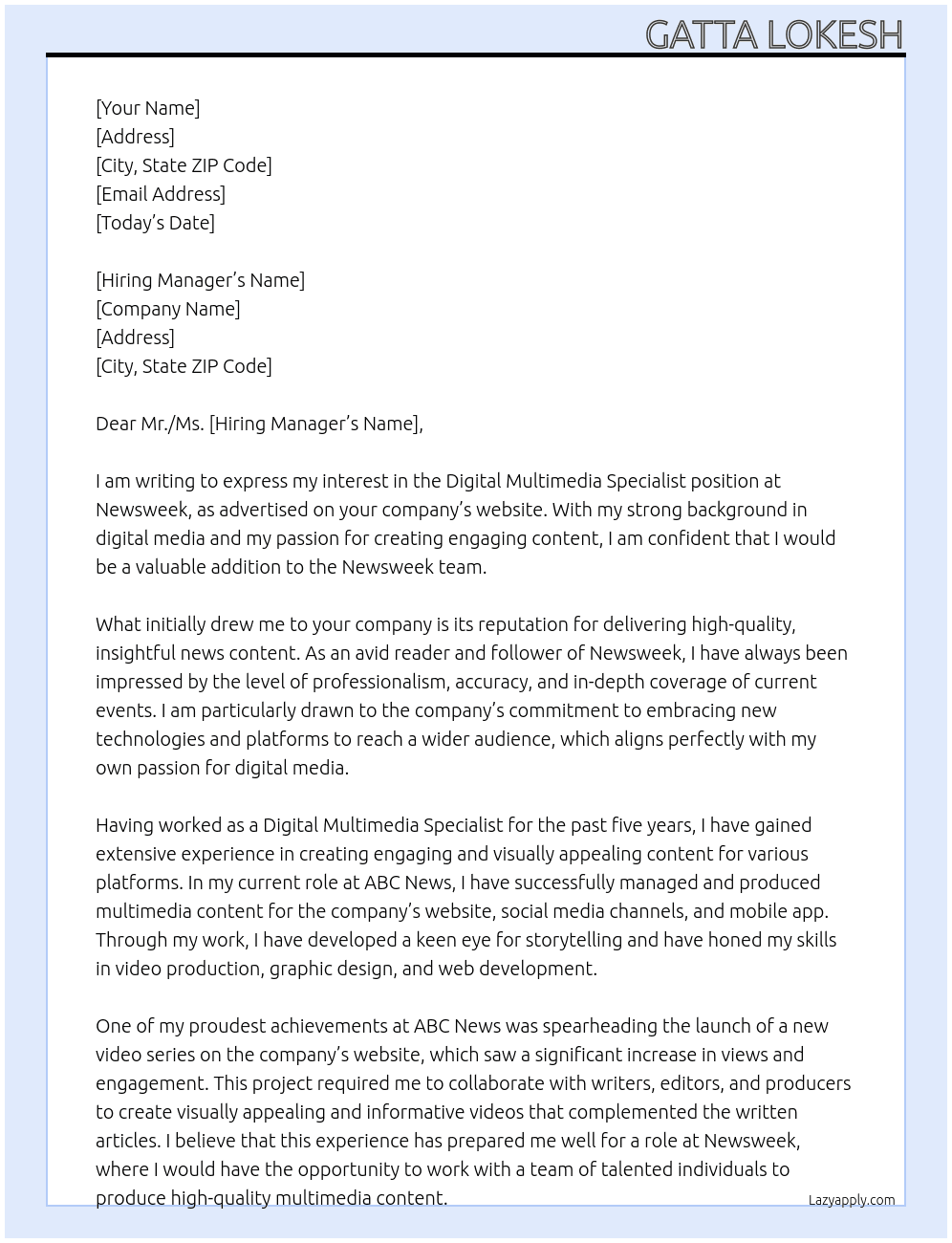 Digital multimedia specialist  At Newsweek Cover Letter