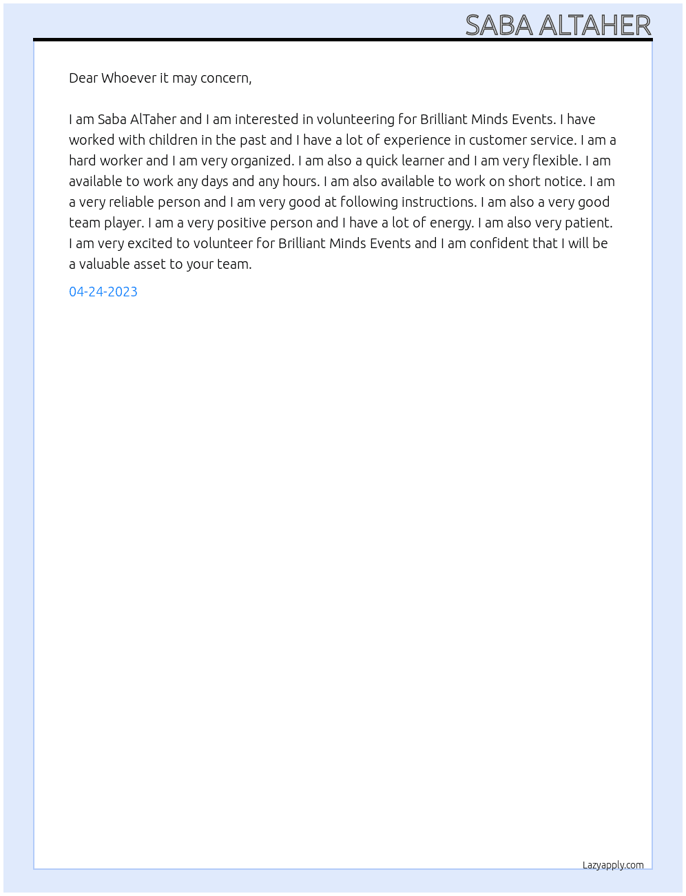 Volunteeer worker At Brilliant Minds Events Cover Letter