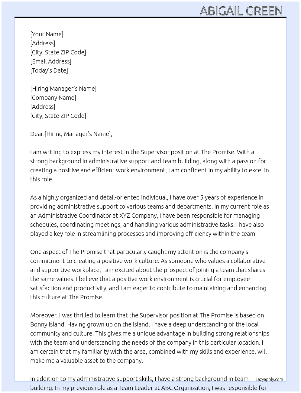 Supervisor  At The Promise  Cover Letter
