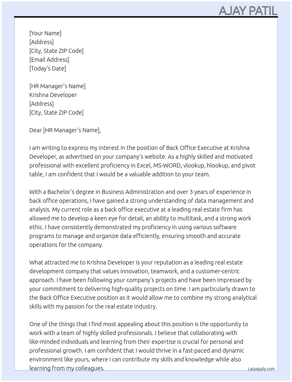 Back office executive  At Krishna developer  Cover Letter