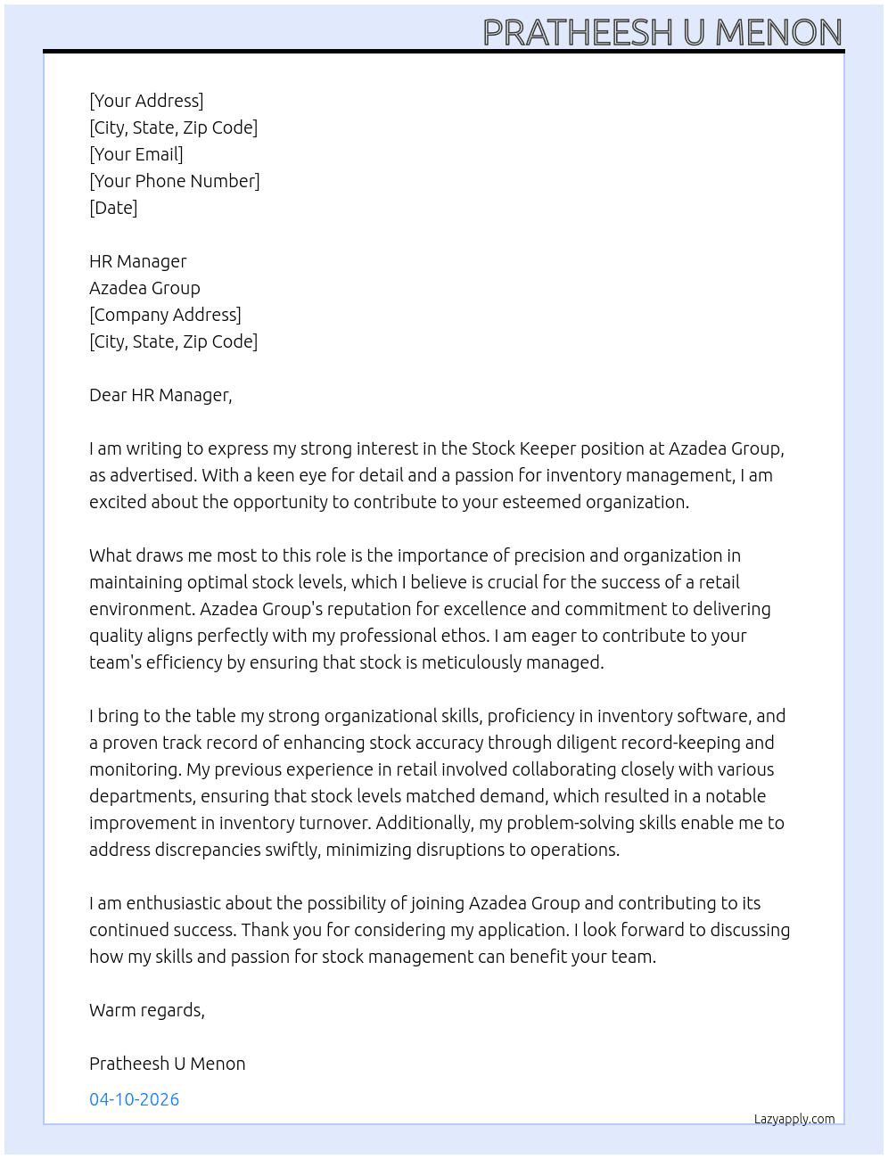 Stock Keeper At Azadea group Cover Letter