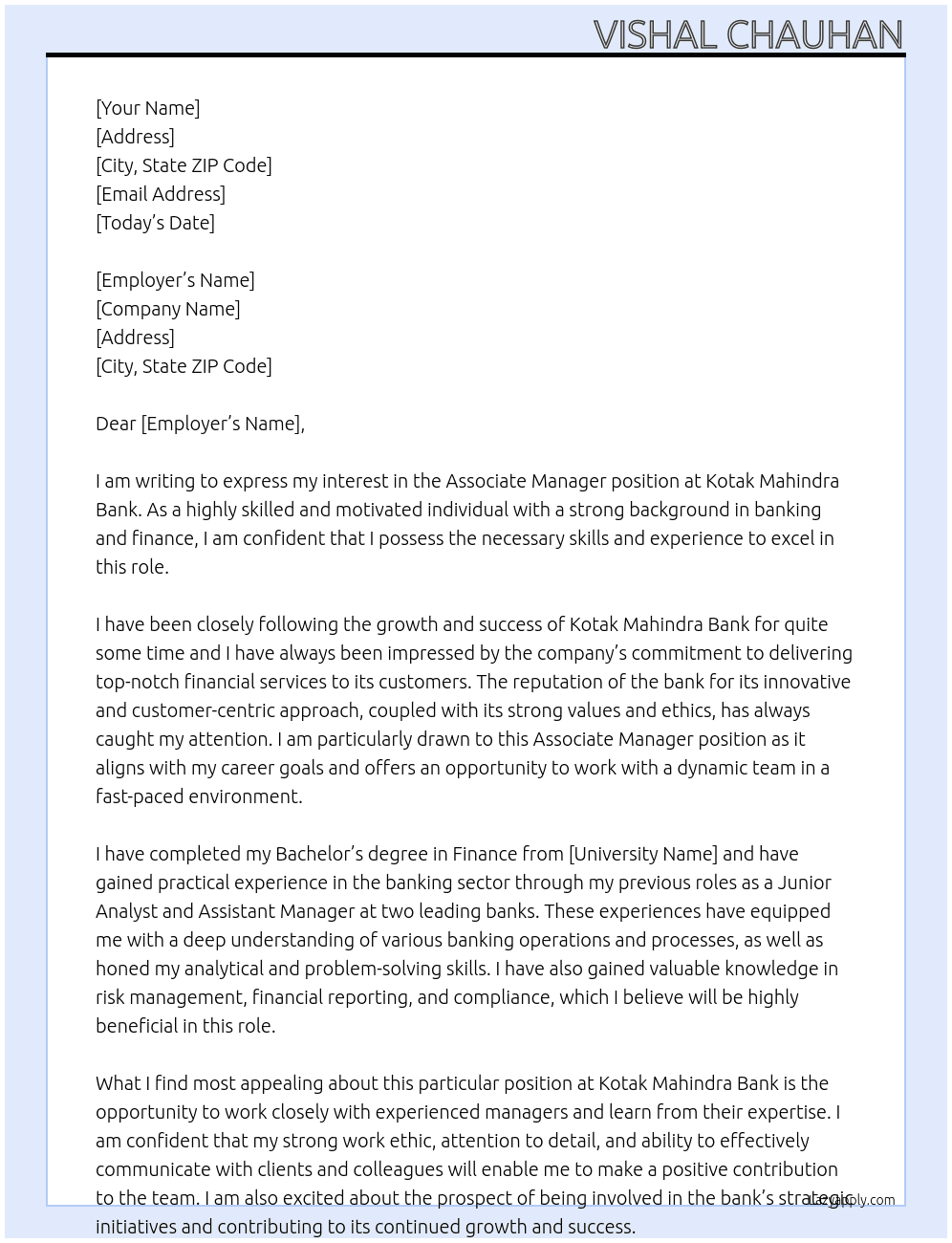 Associate manager  At Kotak Mahindra Bank  Cover Letter