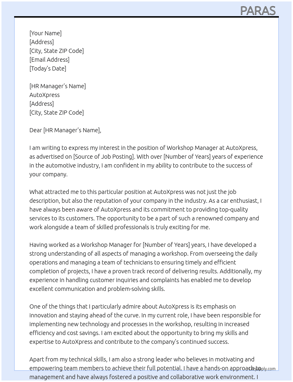 workshop manager At autoxpress Cover Letter