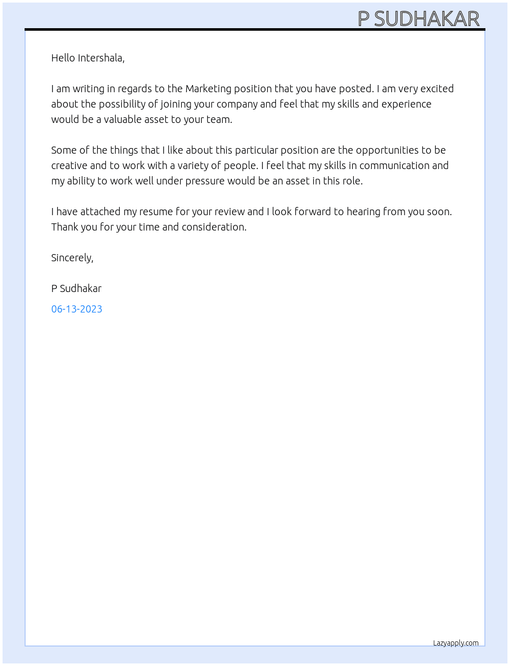 Marketing  At Intershala  Cover Letter