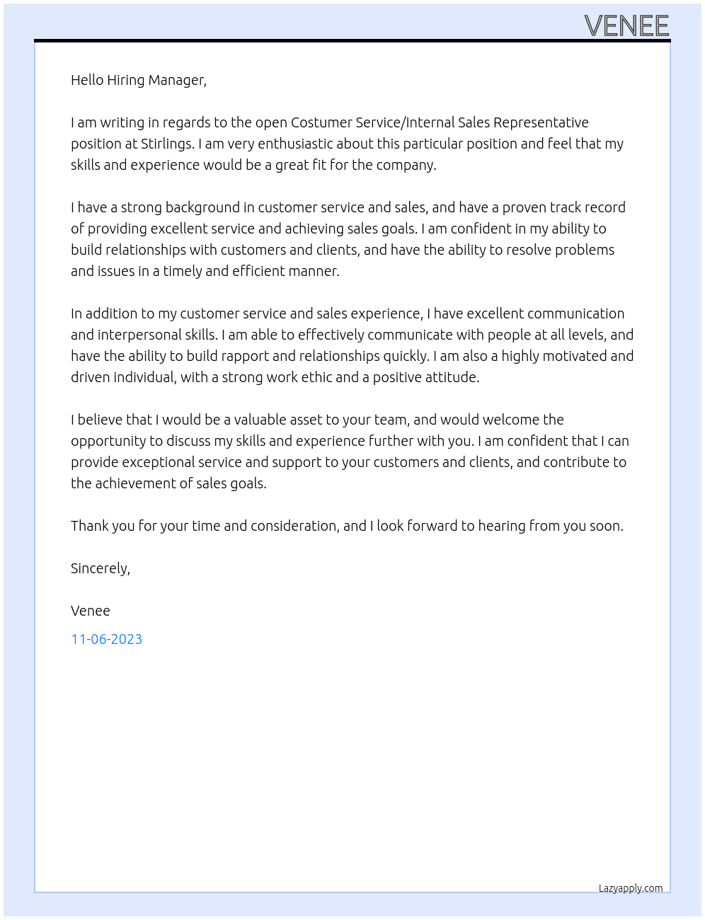 Costumer service/Internal Sales Representative At Stirlings Cover Letter