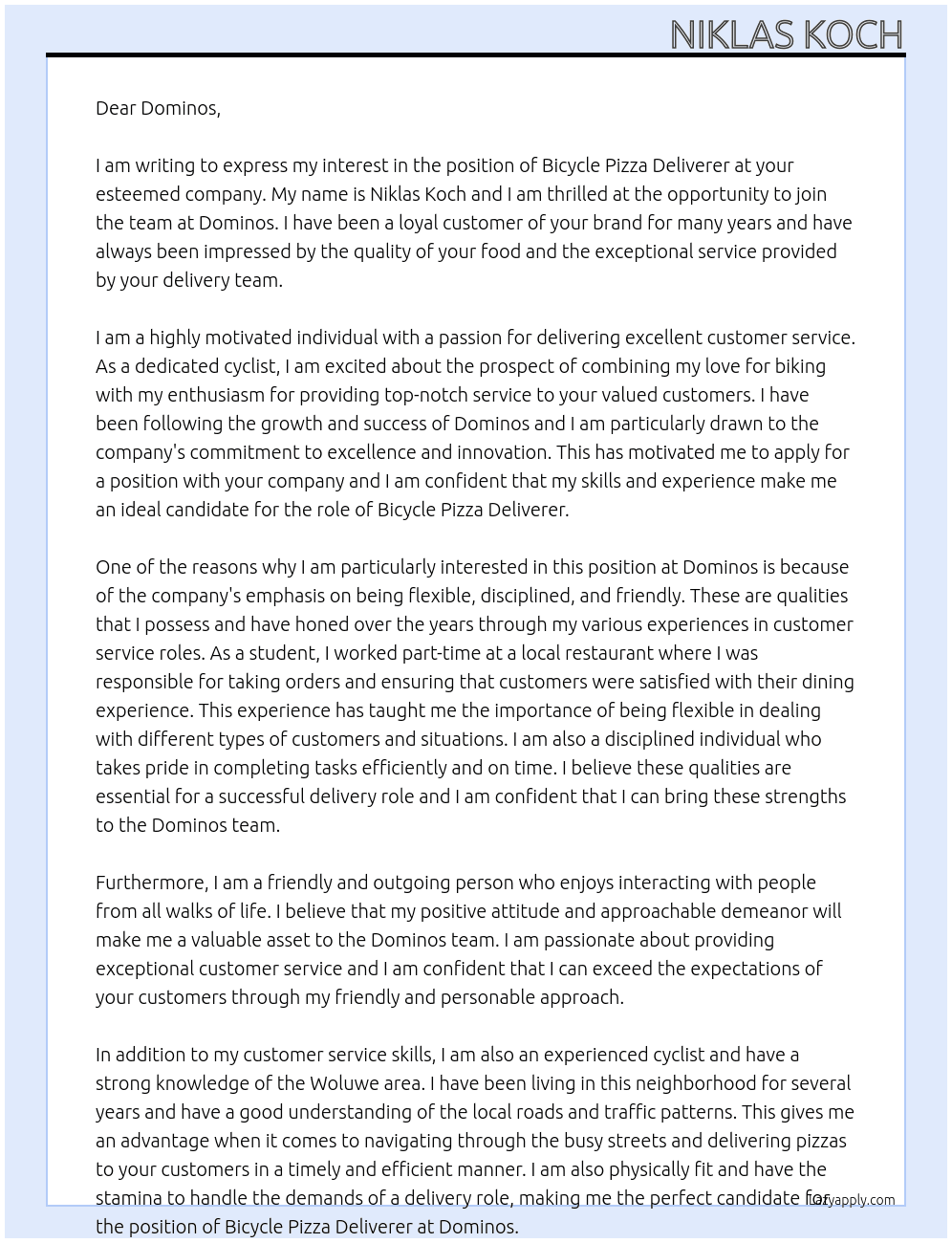 Bicycle Pizza deliverer At Dominos Cover Letter