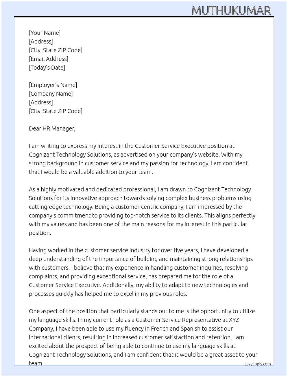 Customer service executive  At Cognizant technology solutions  Cover Letter