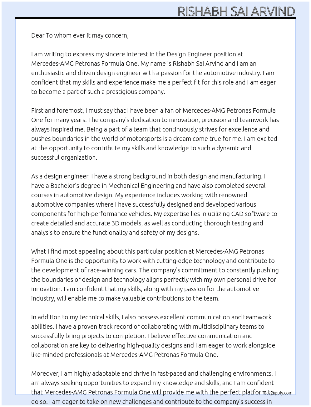 Design Engineer At Mercedes-AMG Petronas Formula One Cover Letter