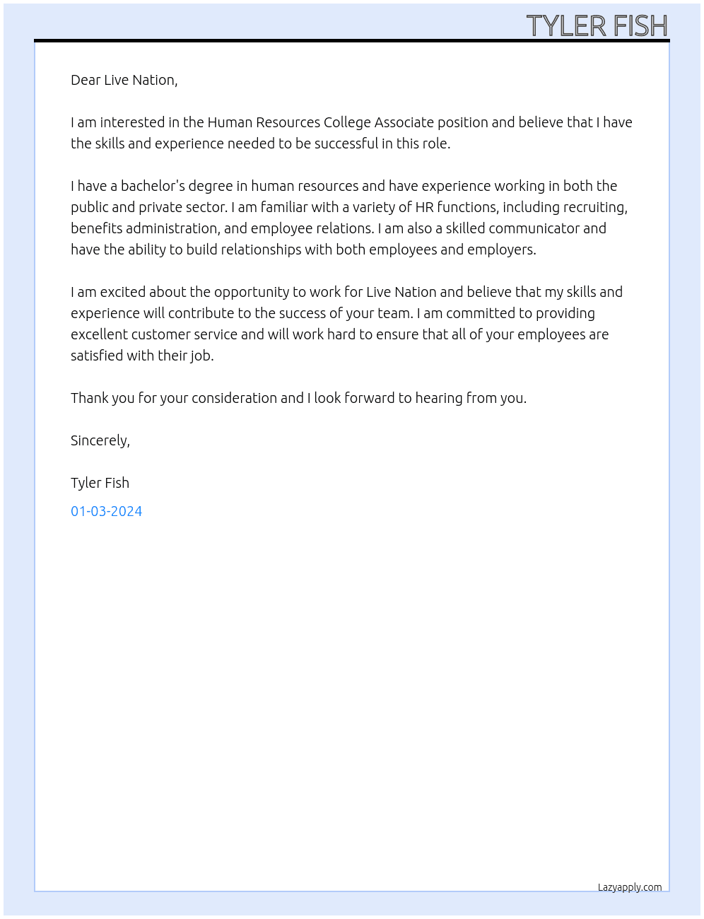 Human Resources College Associate At Live Nation Cover Letter