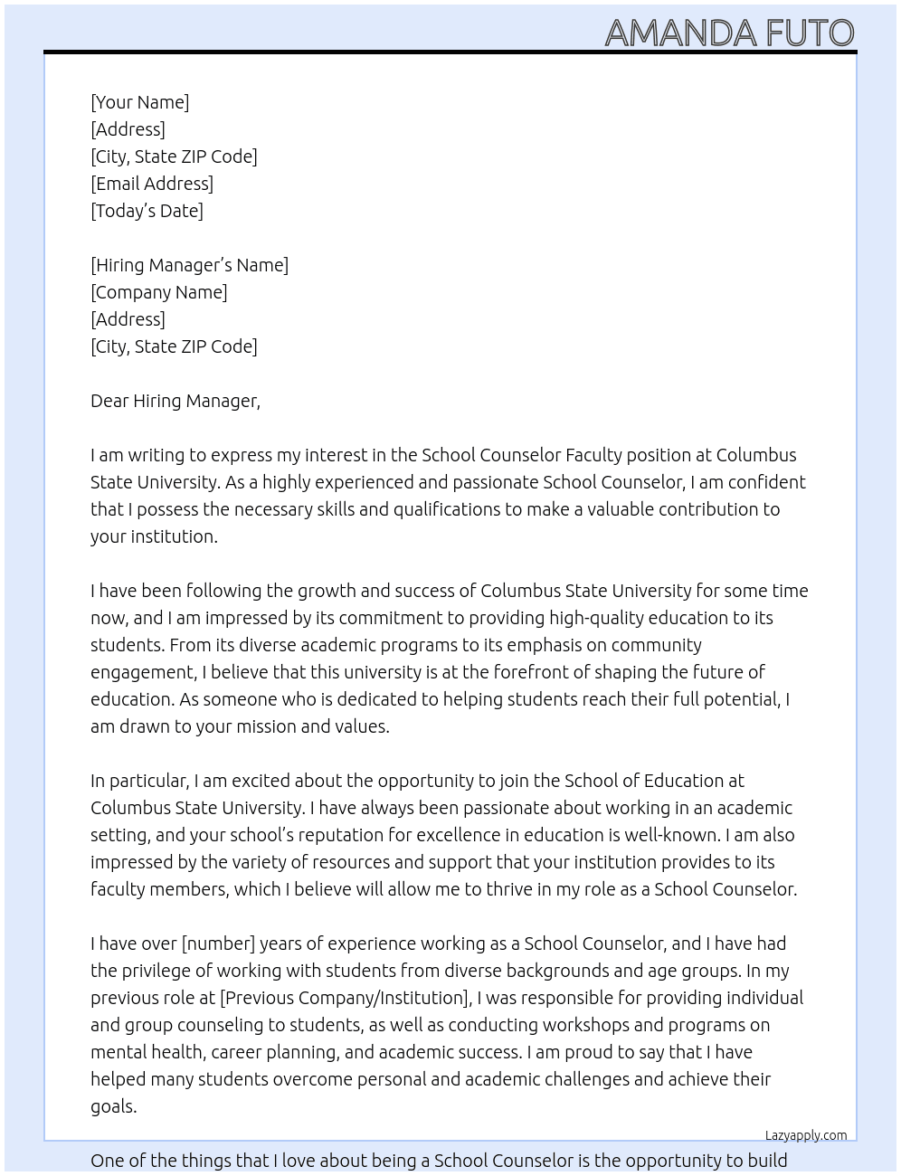 School Counselor Faculty  At Columbus State University Cover Letter