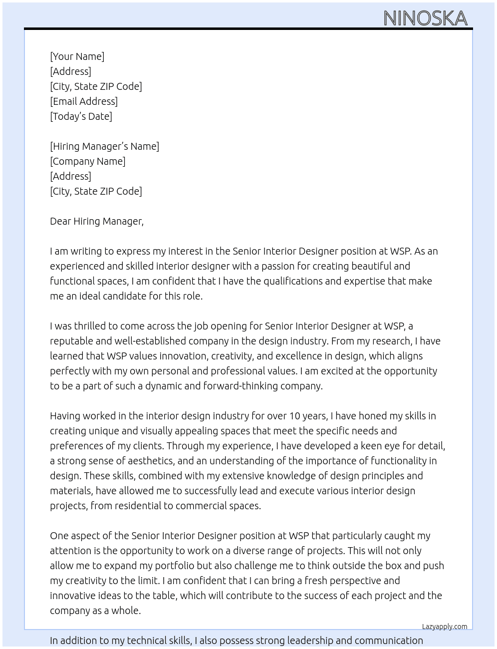 Senior Interior Designer At WSP Cover Letter