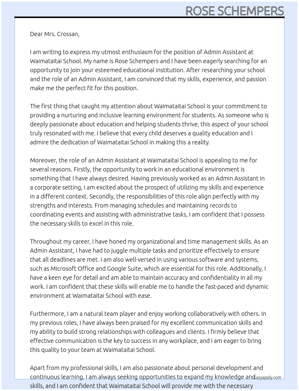 Admin assistant At Waimataitai School Cover Letter