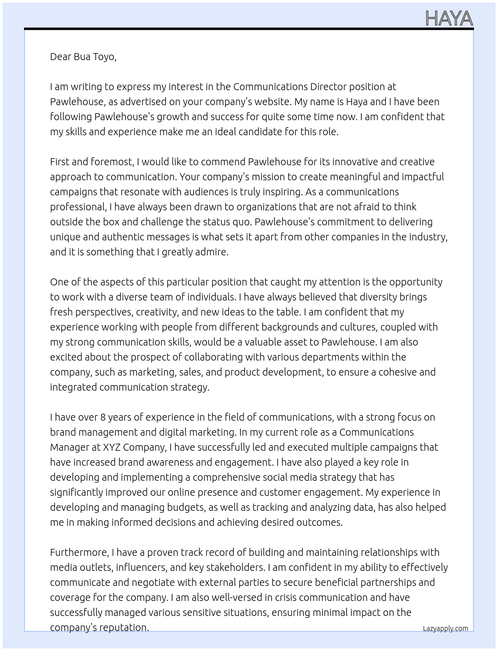 Communications Director At Pawlehouse Cover Letter