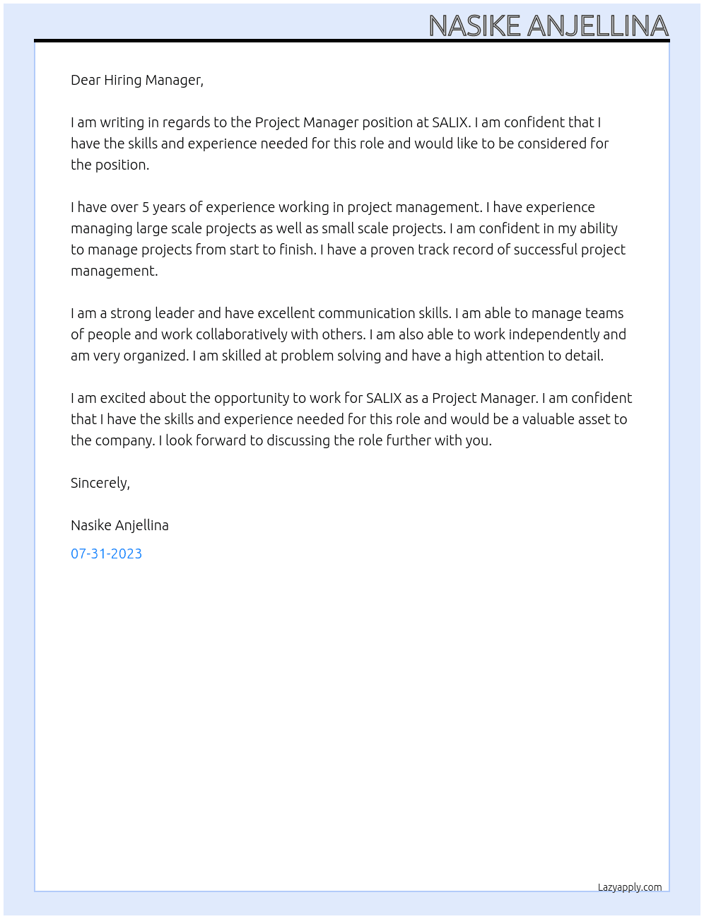 project manager  At SALIX Cover Letter