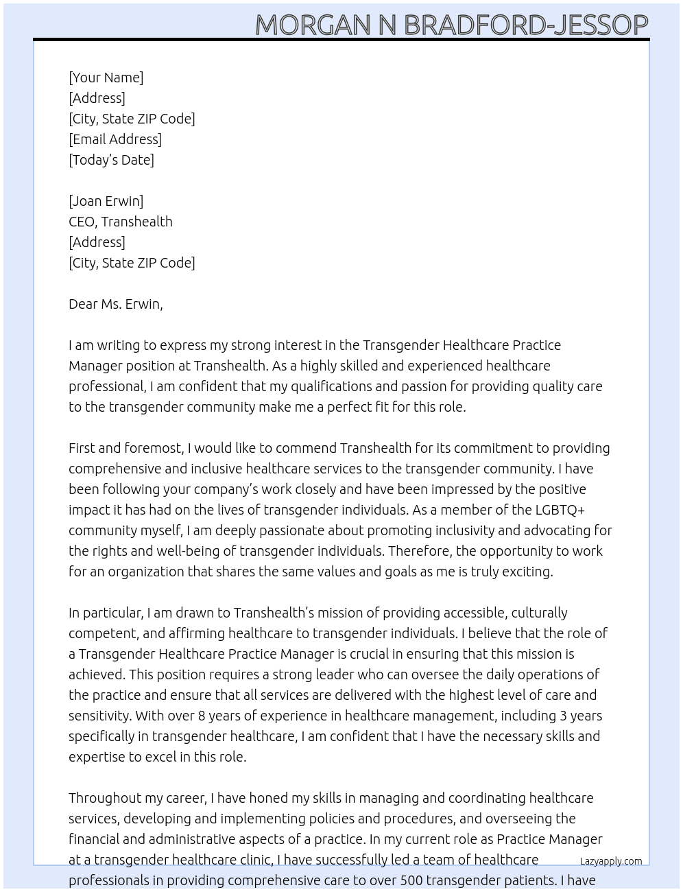 Transgender Healthcare Practice Manager At Transhealth Cover Letter