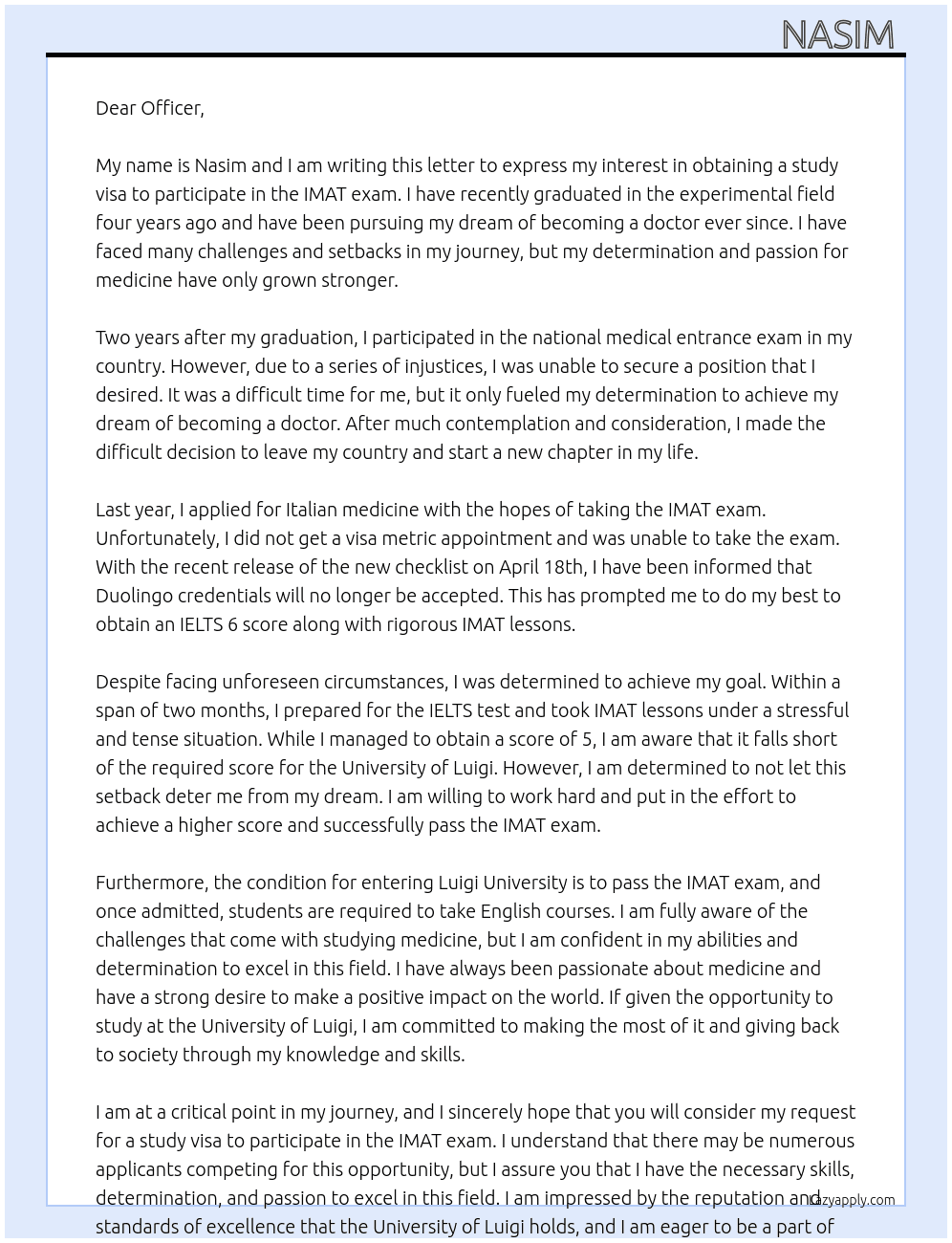 Studying visa for medicine  At embassy of Italy Cover Letter
