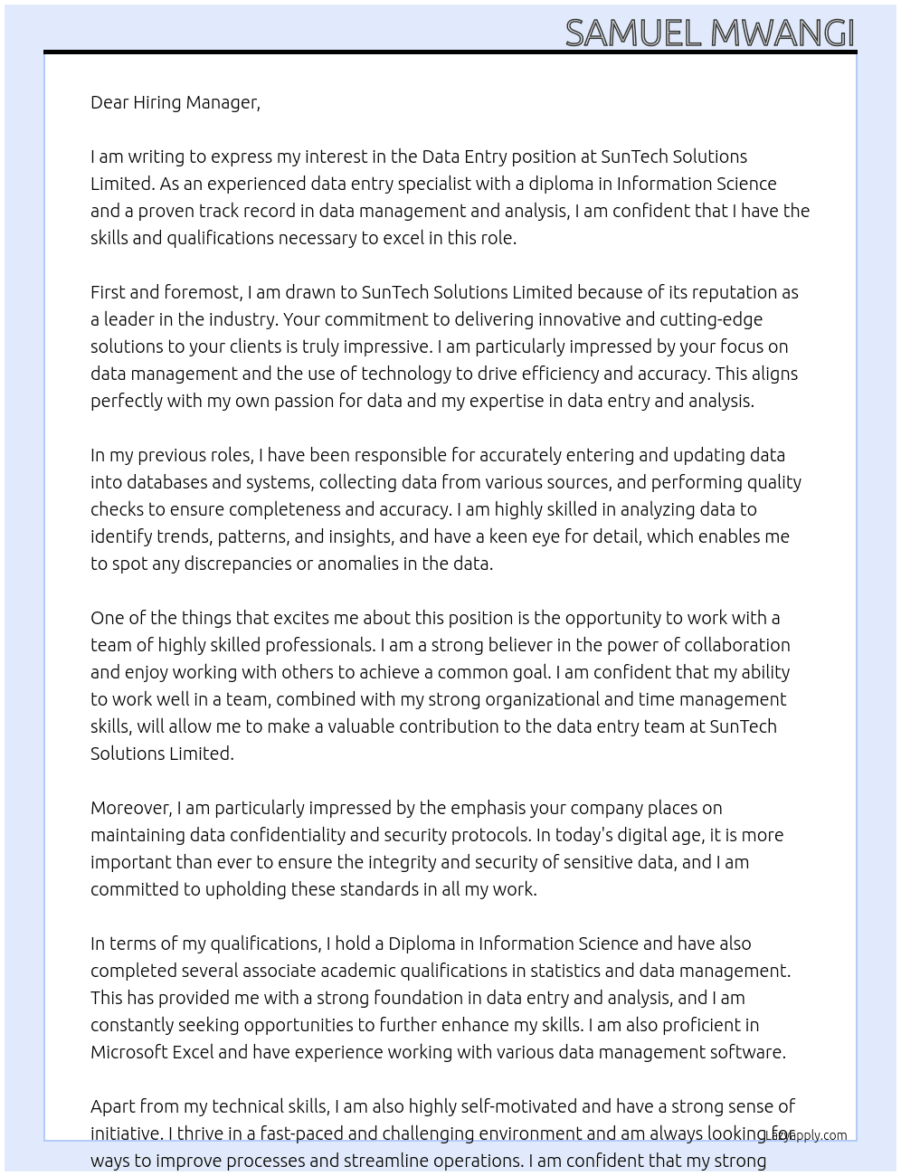 data entry At SunTech Solutions Limited Cover Letter