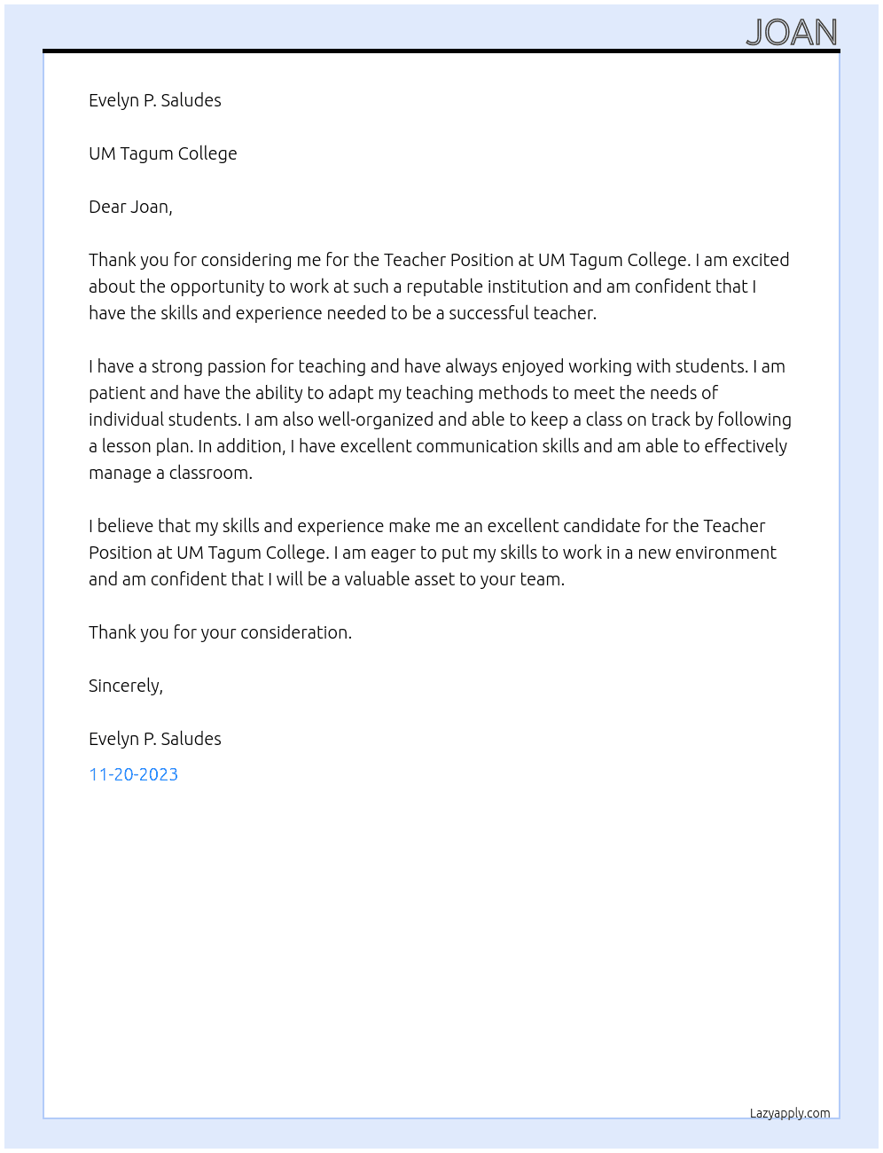 Teacher Position At UM Tagum College  Cover Letter