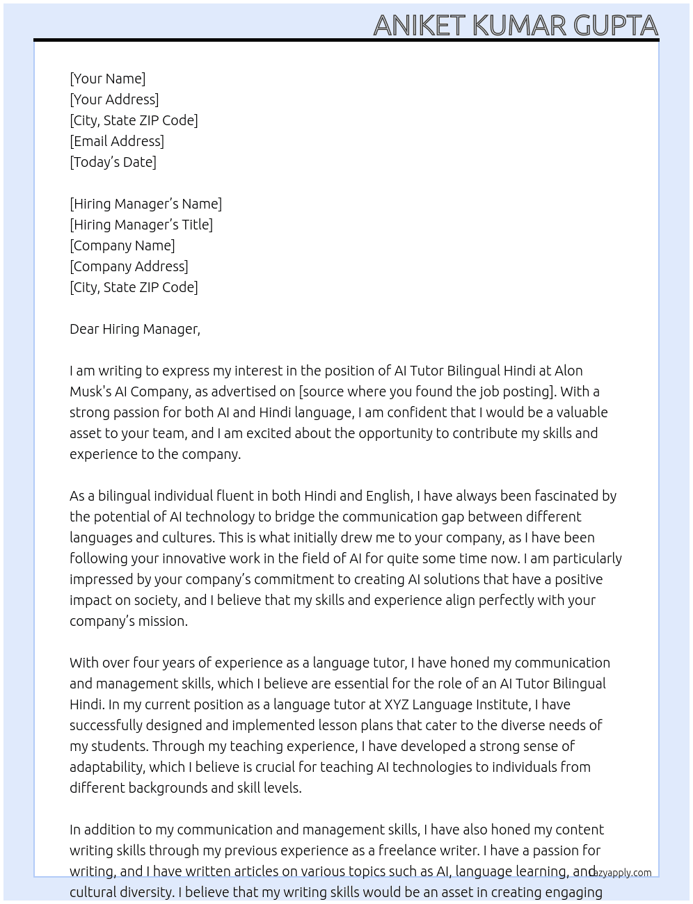 AI Tutor Bilingual Hindi At Alon Musk's AI Company  Cover Letter