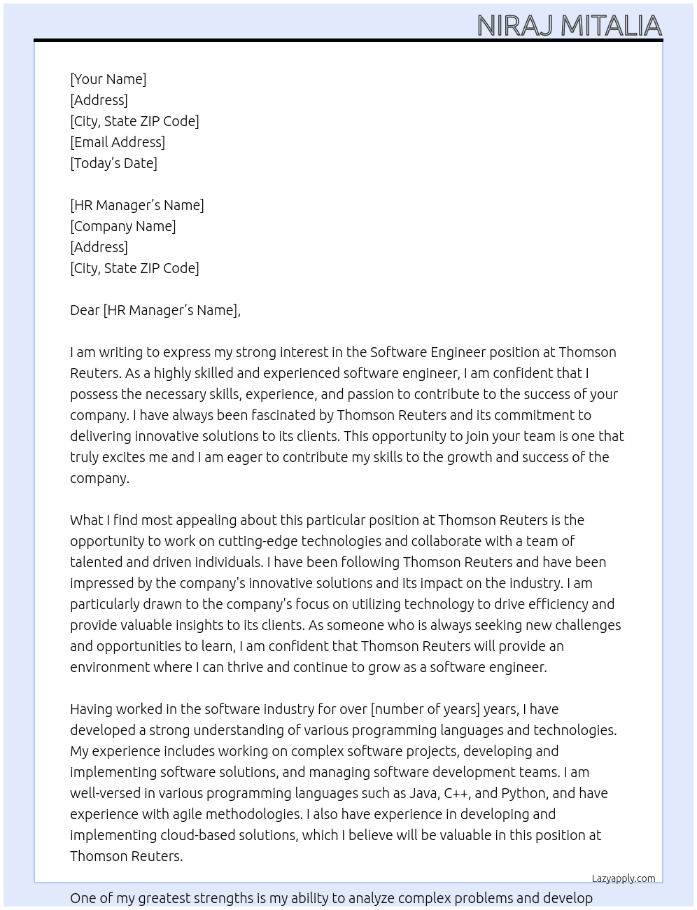 Software Engineer At Thomson Reuters Cover Letter