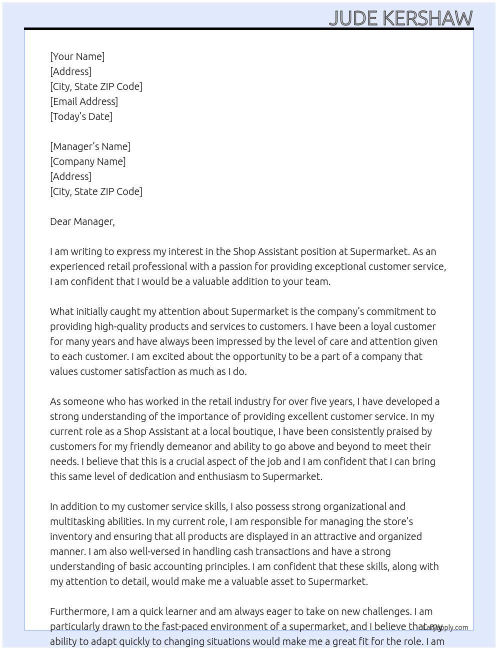 Shop assistant At Supermarket Cover Letter